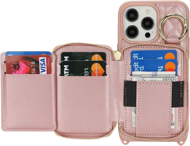 Hamany Crossbody Wallet Case for iPhone 14 Pro Max, PU Leather Zipper Handbag Purse Flip Cover, Kickstand Folio Case with Card Slots Holder Wrist Strap Lanyard 5G 6.7 Inch-Rose Gold - Image 5